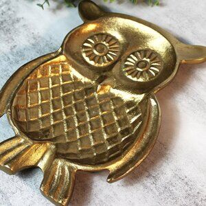 Vintage Owl Trinket Dish Cast Metal with Brass Gold Finish Heavy